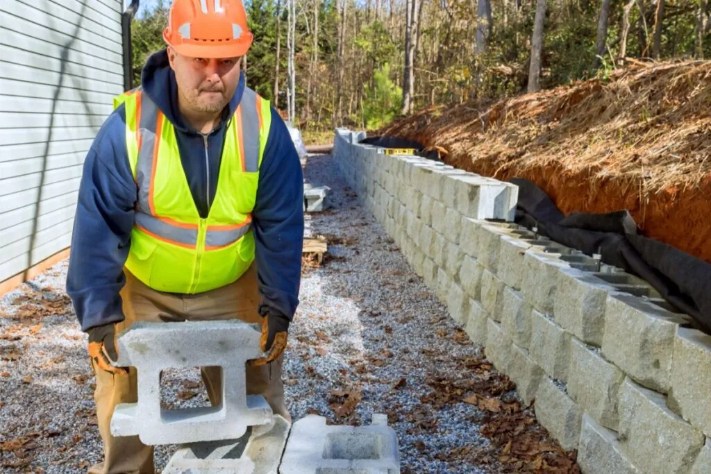 working diligently construction worker lifted concrete block