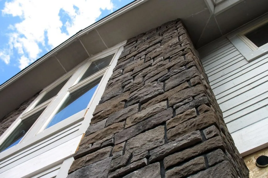 tall stone veneer construction project