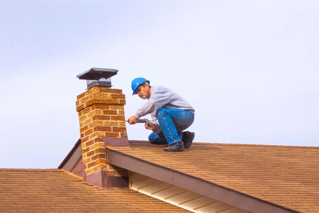 contractor builder with blue hardhat on the roof caulking chimney