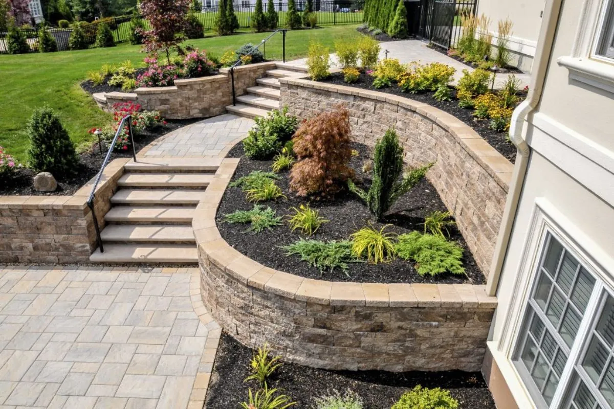 custom retaining wall with landscape design