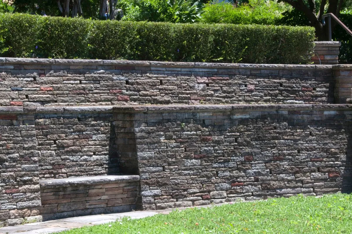 gravity retaining wall in garden with staircase