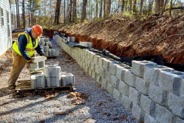 masonry expert working on a retaining wall construction in Marshfield MA